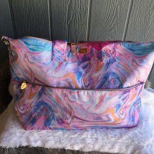Betsy Johnson Pink Multi Marble Swirl Overnighter Weekender & Makeup Bag NWT